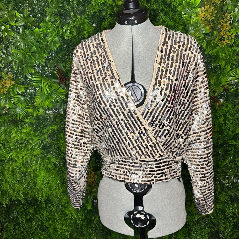 Sequin Wrap Top - nude and silver